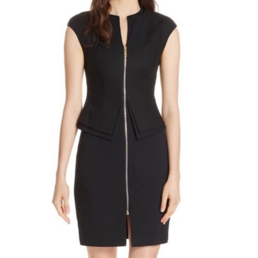 Ted Baker Kwyli Structured Black Peplum BodyCon Dress Gold Zipper Size 4…